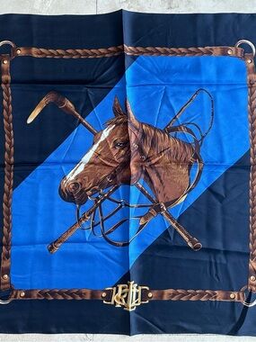 Ralph Lauren Blue and Teal Equestrian Themed 100% Silk Square Scarf